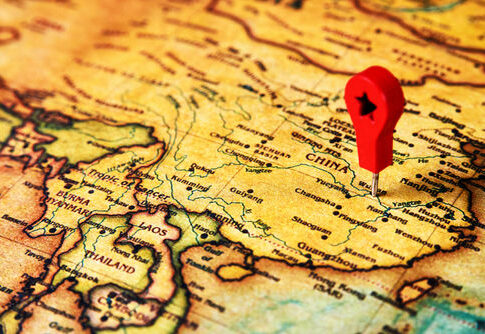 Red pin on map of China.