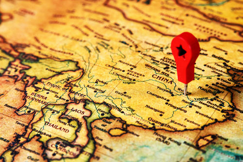 Red pin on map of China.