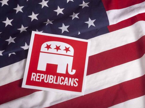 Republican logo on American flag background.