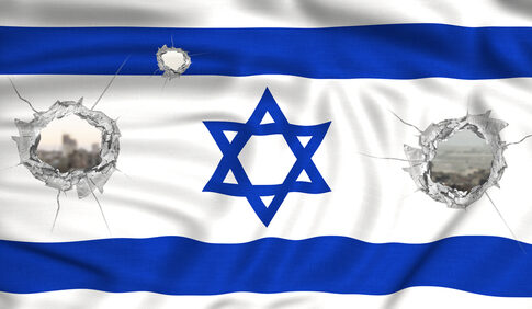 Israeli flag with bullet holes, cityscape visible through holes.